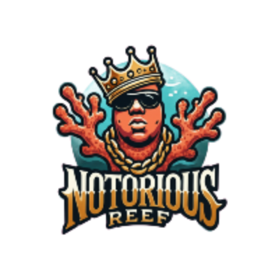Logo of 'Notorious Reef' with a person wearing sunglasses and a crown, surrounded by coral.
